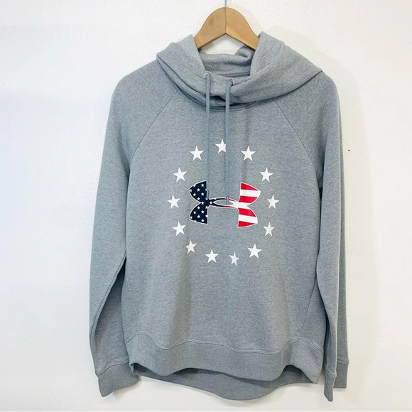 Under Armour Loose Sweatshirt Woman  Small Patriotic Funnel Neck Hood Gray Hi Lo - Picture 1 of 8